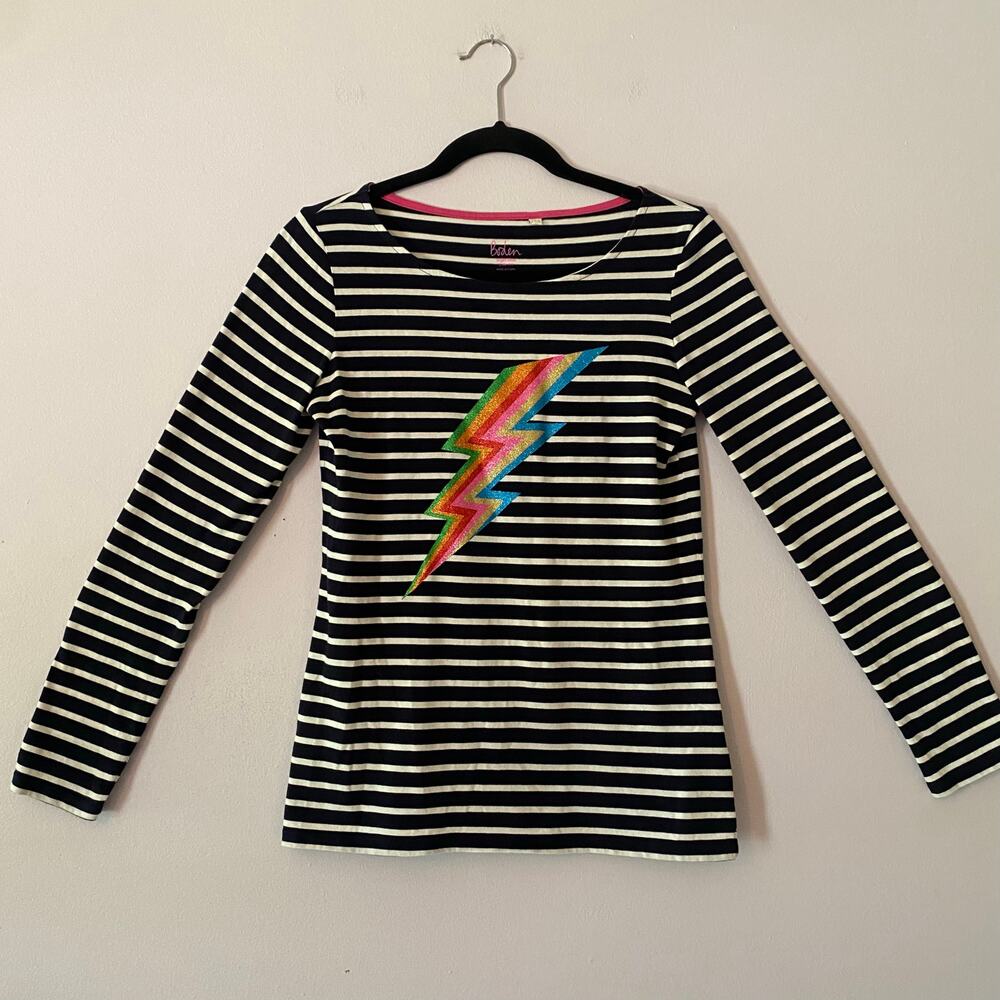 Boden Black White Stripe Colorful Lightning Bolt Long Sleeve Shirt Women size 4